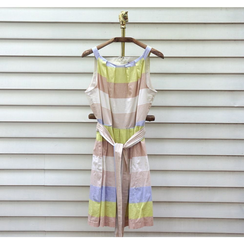 Vintage 90s R&K Originals Neutral Stripe Tie Waist Midi Dress
